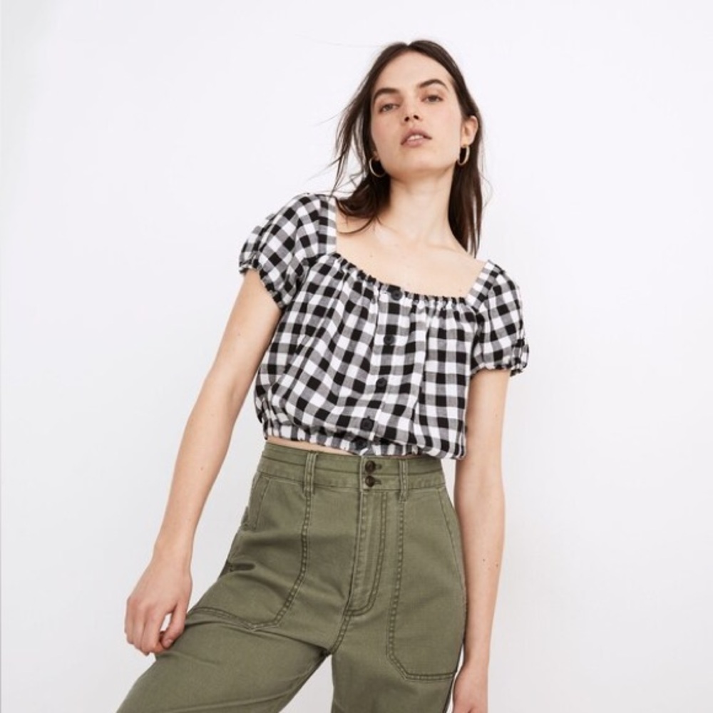 Madewell Linen-Blend Puff-Sleeve Button-Front Crop Top in Gingham Check - Picture 2 of 4